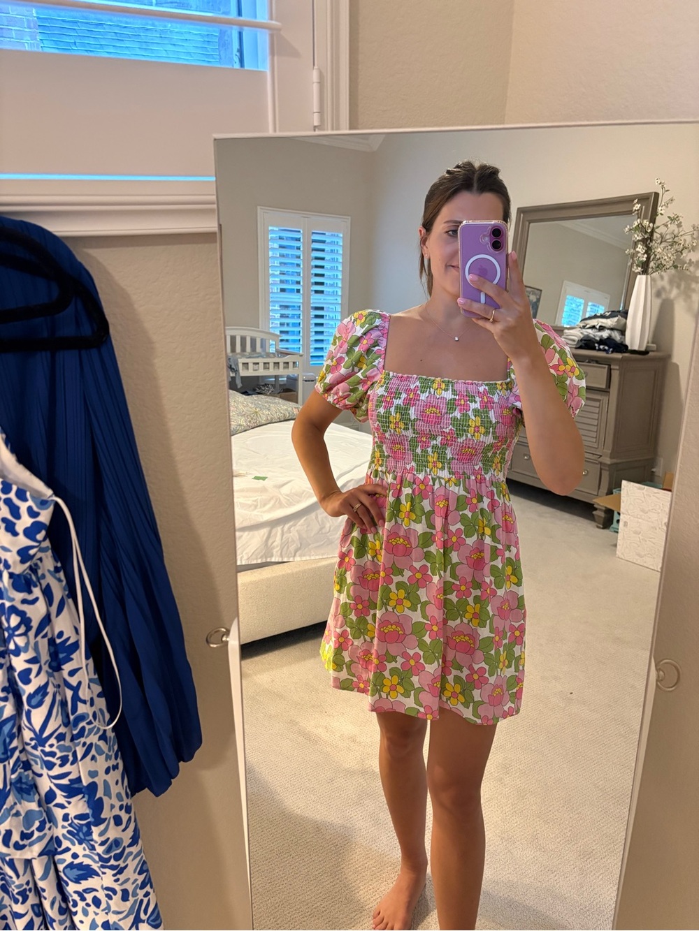 Show Me Your MuMu Pink and Green Floral Smocked Mini Dress